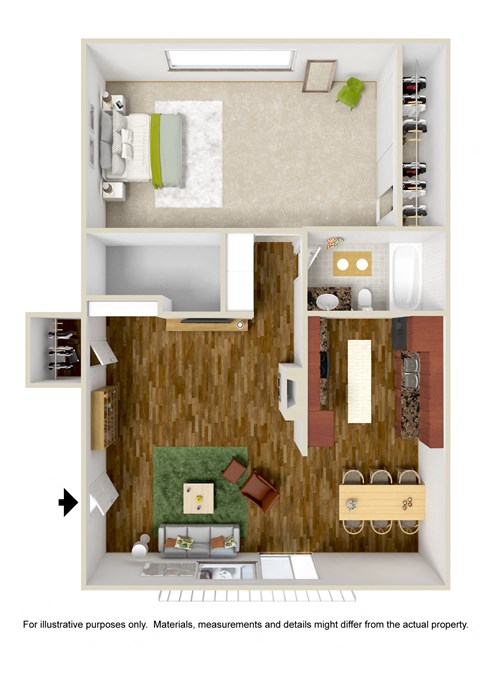 Floor plan for 1 bed, 1 bath, 700 sqft