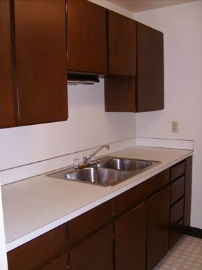 Gresham apartment for rent - an empty kitchen with a sink and wooden cabinets