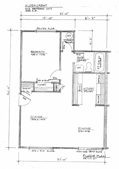 Floor plan for 1 bed, 1 bath, 588 sqft