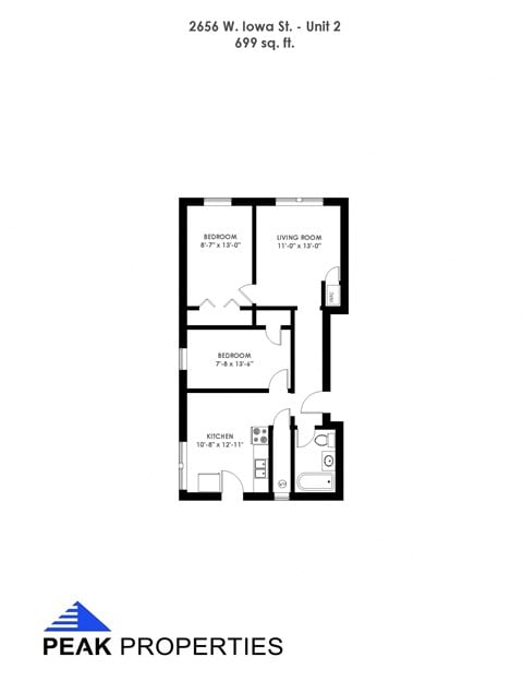 Floor plan for 2 beds, 1 bath, 623 sqft