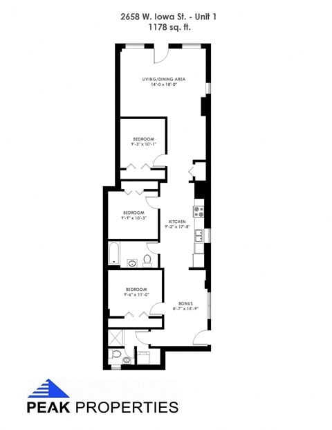 Floor plan for 3 beds, 1.5 baths, 1178 sqft