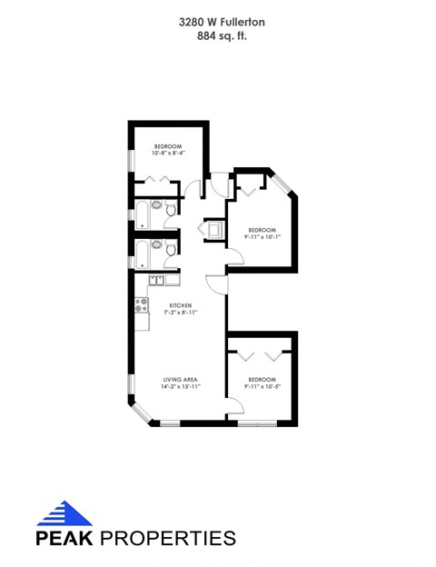 Floor plan for 3 beds, 2 baths, 884 sqft