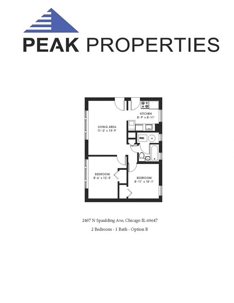 Floor plan for 2 beds, 1 bath, 580 sqft