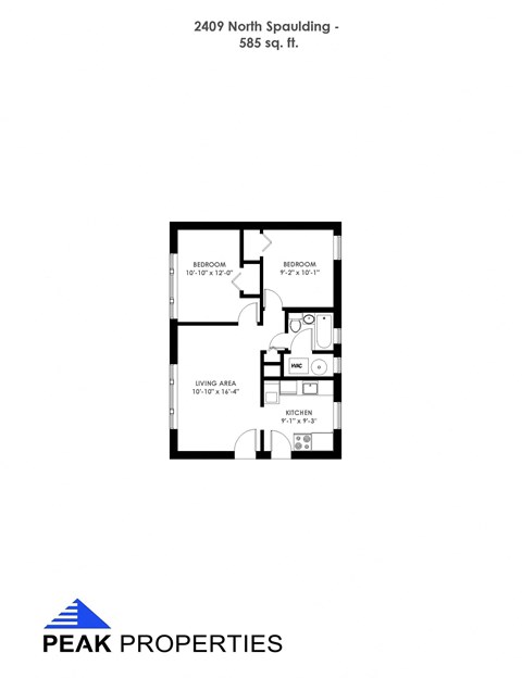 Floor plan for 2 beds, 1 bath, 585 sqft