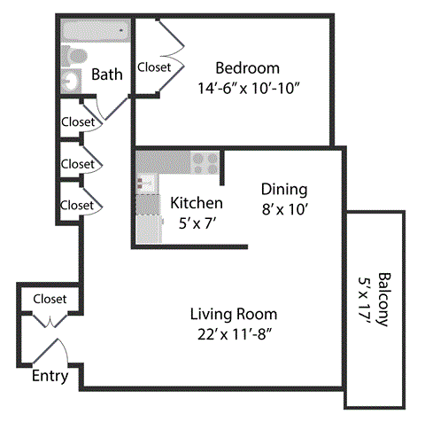 Floor plan for 1 bed, 1 bath, 600 sqft