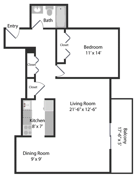 Floor plan for 1 bed, 1 bath, 748 sqft