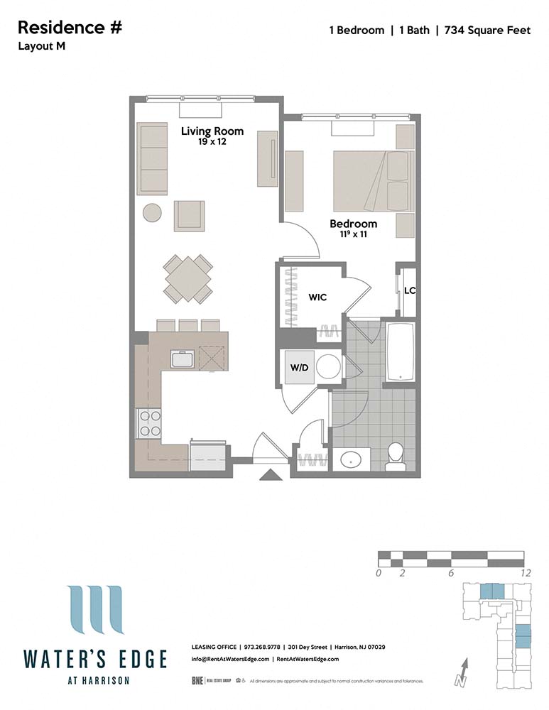 Floor plan for 1 bed, 1 bath, 734 sqft