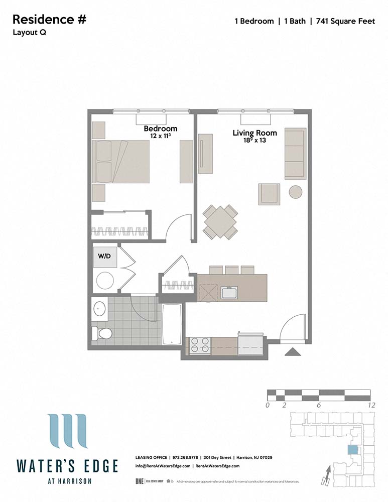 Floor plan for 1 bed, 1 bath, 741 sqft