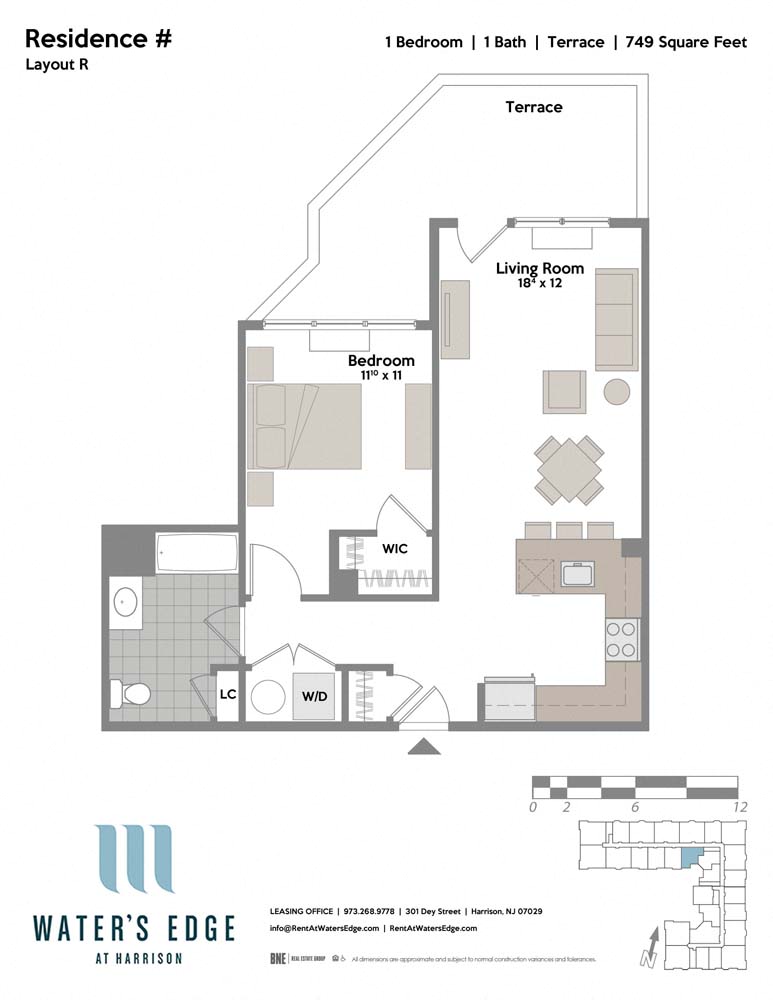 Floor plan for 1 bed, 1 bath, 749 sqft