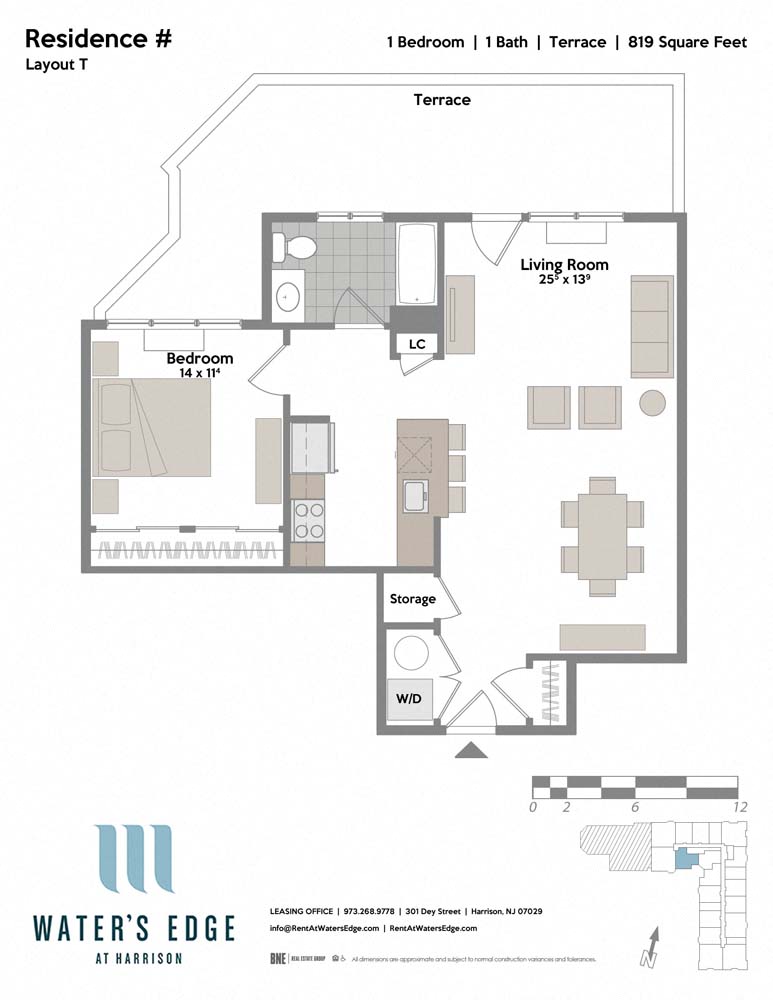 Floor plan for 1 bed, 1 bath, 819 sqft
