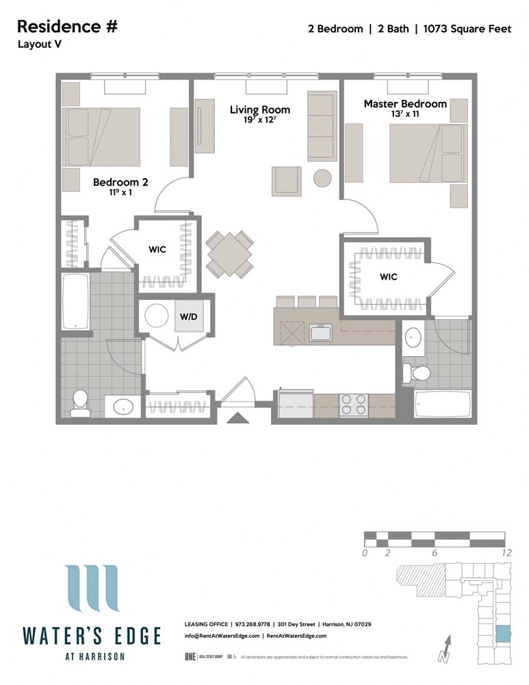 Floor plan for 2 beds, 2 baths, 1073 sqft