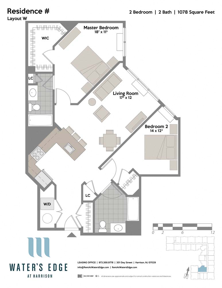 Floor plan for 2 beds, 2 baths, 1078 sqft