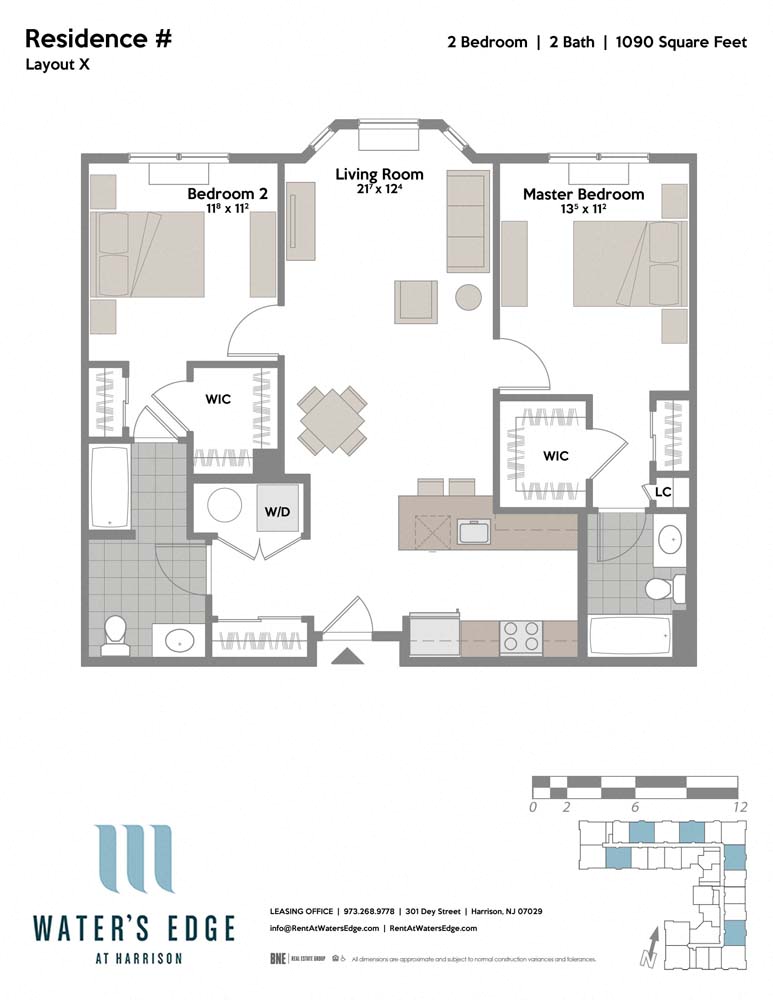 Floor plan for 2 beds, 2 baths, 1090 sqft