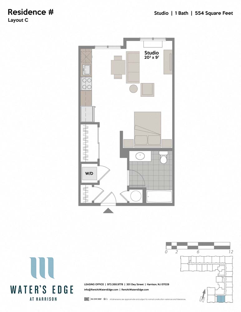 Floor plan for studio, 1 bath, 554 sqft