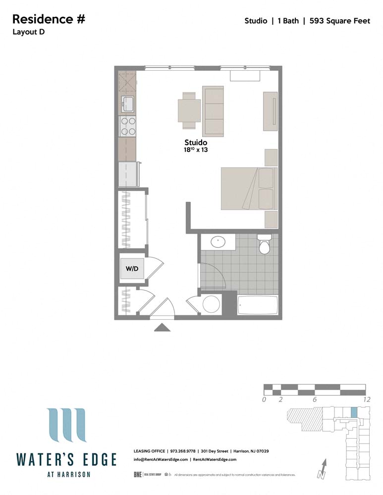 Floor plan for studio, 1 bath, 593 sqft