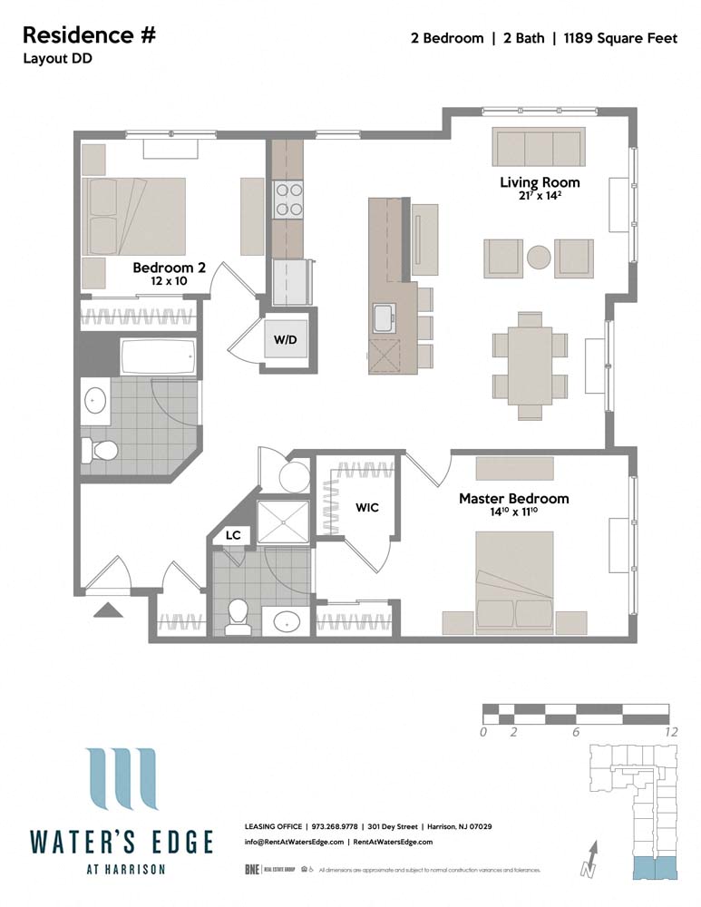 Floor plan for 2 beds, 2 baths, 1189 sqft