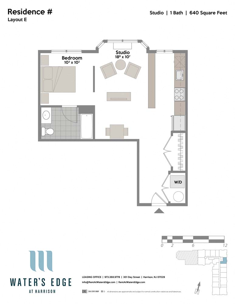 Floor plan for studio, 1 bath, 640 sqft