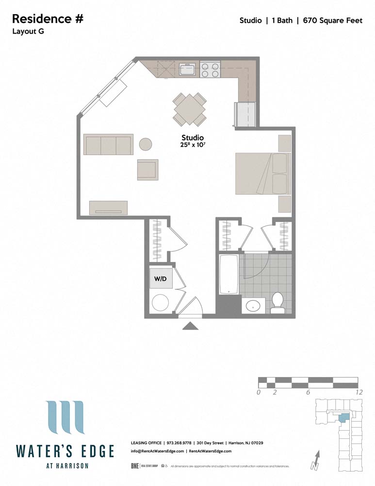 Floor plan for studio, 1 bath, 670 sqft
