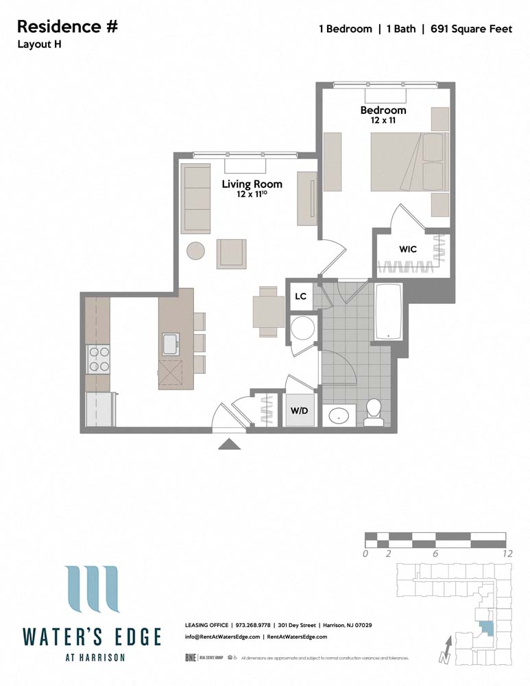 Floor plan for 1 bed, 1 bath, 691 sqft