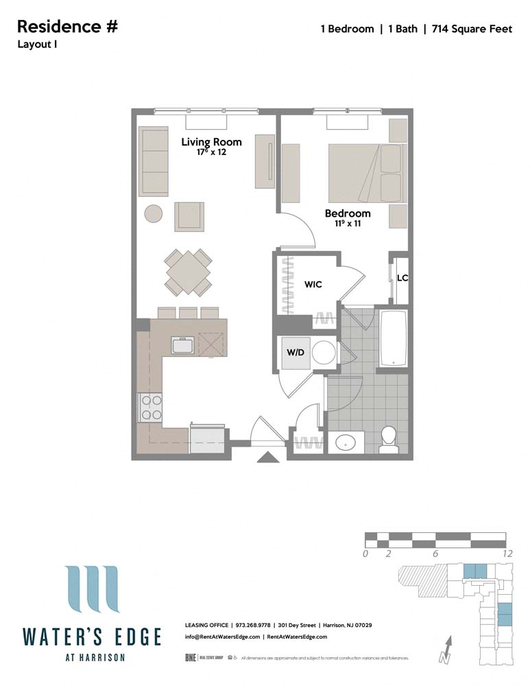 Floor plan for 1 bed, 1 bath, 714 sqft
