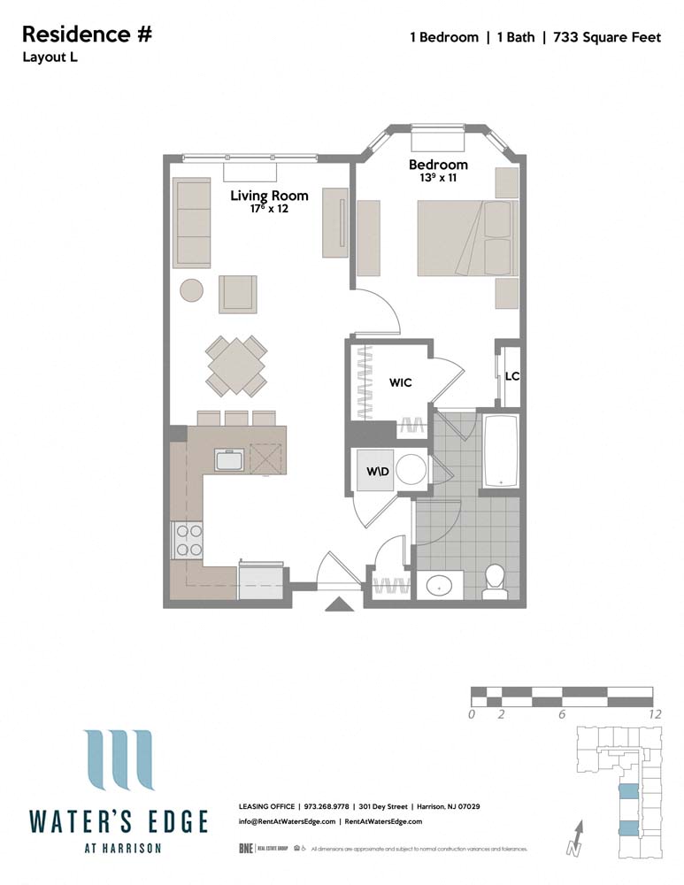 Floor plan for 1 bed, 1 bath, 733 sqft