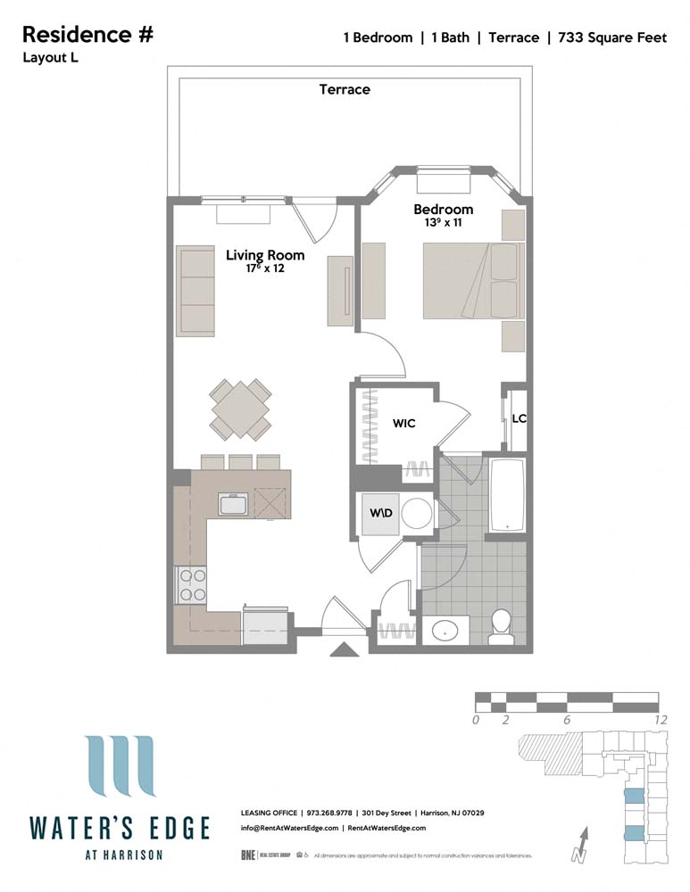 Floor plan for 1 bed, 1 bath, 733 sqft