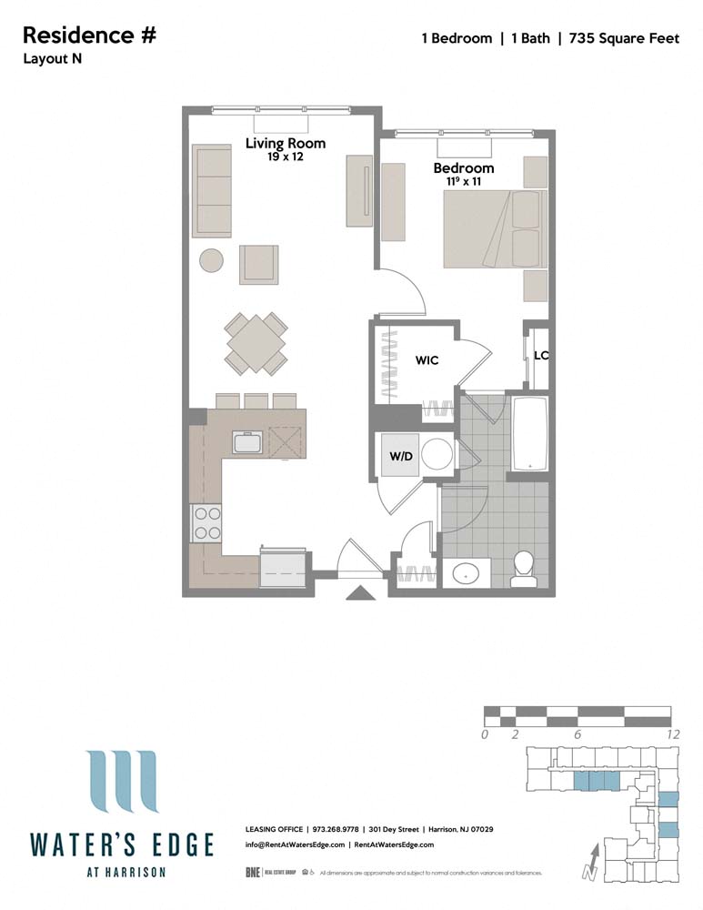 Floor plan for 1 bed, 1 bath, 735 sqft