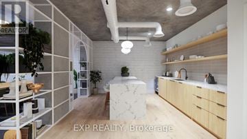For rent in Ottawa - A modern kitchen with wooden cabinets and a marble island.