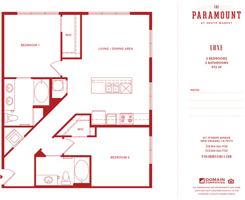 Floor plan for 2 beds, 2 baths, 972 sqft
