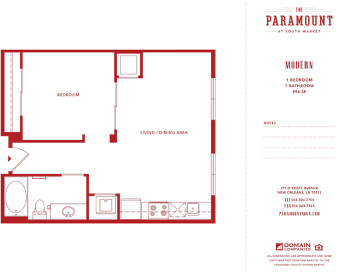 Floor plan for 1 bed, 1 bath, 594 sqft