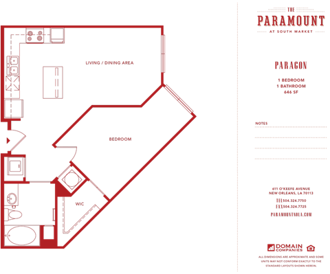 Floor plan for 1 bed, 1 bath, 646 sqft