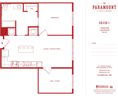 Floor plan for 1 bed, 1 bath, 790 sqft