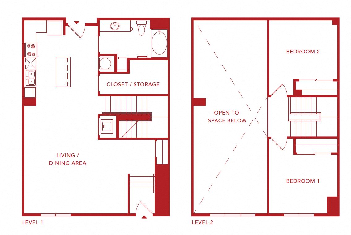 Floor plan for 2 beds, 1 bath, 1233 sqft