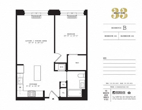 Floor plan for 1 bed, 1 bath, 696 sqft