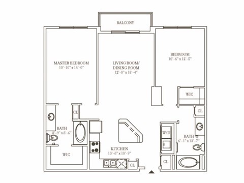 Floor plan for 2 beds, 2 baths, 1065 sqft
