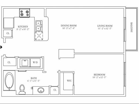 Floor plan for 1 bed, 1 bath, 692 sqft