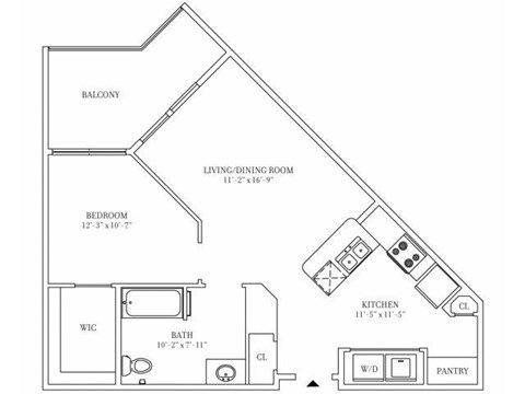 Floor plan for 1 bed, 1 bath, 674 sqft
