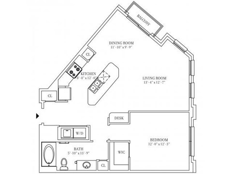 Floor plan for 1 bed, 1 bath, 838 sqft
