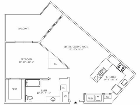 Floor plan for 1 bed, 1 bath, 967 sqft