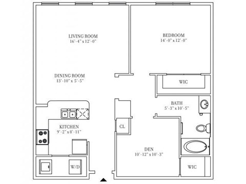 Floor plan for 1 bed, 1 bath, 972 sqft