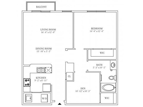 Floor plan for 1 bed, 1 bath, 972 sqft