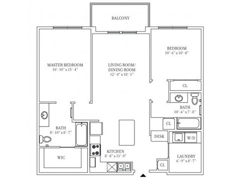 Floor plan for 2 beds, 2 baths, 1064 sqft