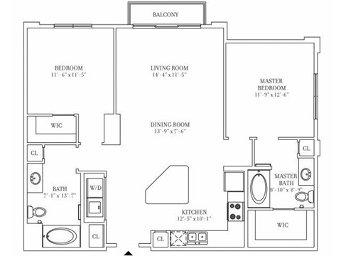 Floor plan for 2 beds, 2 baths, 1136 sqft