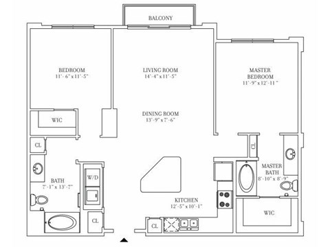 Floor plan for 2 beds, 2 baths, 1136 sqft