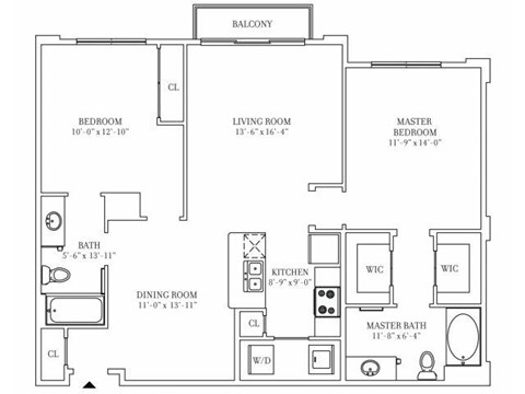 Floor plan for 2 beds, 2 baths, 1142 sqft