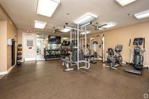 New Orleans apartment for rent - A gym with a variety of equipment including weights, a treadmill, and a stationary bike.