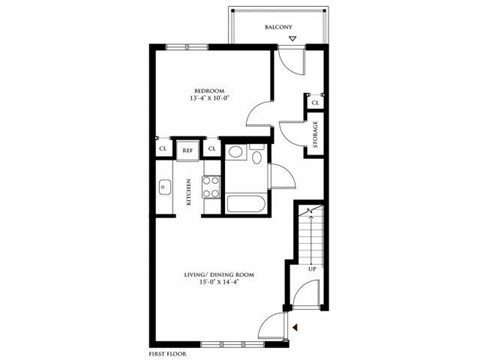 Floor plan for 1 bed, 1 bath, 697 sqft