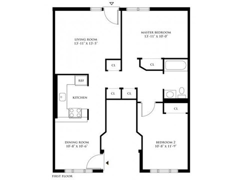 Floor plan for 2 beds, 1 bath, 953 sqft