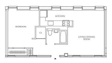 Floor plan for 1 bed, 1 bath, 707 sqft