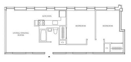 Floor plan for 2 beds, 1 bath, 859 sqft